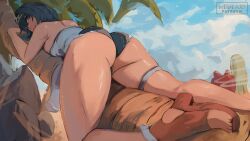 Rule 34 | 1girl, ass, bare shoulders, blue eyes, blue hair, blue sky, breasts, hair intakes, hairband, highres, hololive, hololive english, large breasts, looking at viewer, looking back, mirai hikari, ouro kronii, palm tree, sandals, short hair, shorts, sky, smile, solo, thigh strap, tree, virtual youtuber