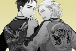 Rule 34 | 2boys, bird, blush, from behind, greyscale, greyscale with colored background, half updo, hand on another&#039;s shoulder, highres, jacket, koizumi riu, looking back, male focus, monochrome, multiple boys, otabek altin, smile, tiger, undercut, yellow background, yuri!!! on ice, yuri plisetsky