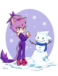 Rule 34 | 1girl, blaze the cat, blush, carrot, cat girl, cat tail, eyelashes, forehead jewel, furry, furry female, gloves, high heels, highres, looking at viewer, looking back, ponytail, purple fur, rfts10919, scarf, snow, snowing, snowman, sonic (series), sonic rush, sonic the hedgehog, tail, yellow eyes
