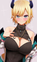 Rule 34 | 1girl, absurdres, black sweater, blonde hair, blue eyes, blush, breast tattoo, breasts, cleavage, cleavage cutout, clothing cutout, demon girl, demon horns, demon wings, earrings, gold necklace, grey jacket, hand on own chest, heart, heart tattoo, highres, hololive, horns, jacket, jewelry, large breasts, looking at viewer, natsume mina, necklace, official alternate costume, pointy ears, short hair, single earring, sleeveless, sleeveless sweater, smile, solo, sweater, tattoo, turtleneck, turtleneck sweater, virtual youtuber, winged heart tattoo, wings, yuzuki choco, yuzuki choco (streetwear)