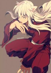 Rule 34 | 1boy, animal ears, barefoot, dog ears, fangs, inuyasha, inuyasha (character), male focus, necklace, sharp nails, simple background, solo, squatting, white hair, yellow eyes