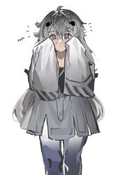 Rule 34 | 1girl, absurdres, ahoge, closed mouth, dress, glasses, grey dress, grey eyes, grey hair, grey pantyhose, hair between eyes, headgear, highres, long hair, looking at viewer, no.21: xxi (punishing: gray raven), pantyhose, punishing: gray raven, red pupils, sleeves past fingers, sleeves past wrists, solo, translation request, very long hair, white background, yongsadragon