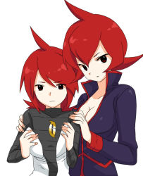 Rule 34 | 1boy, 1girl, age difference, bad id, bad pixiv id, breasts, cleavage, cosplay, costume switch, creatures (company), crossdressing, game freak, height difference, looking at viewer, mars (pokemon), nintendo, pokemon, pokemon dppt, pokemon hgss, red eyes, red hair, short hair, silver (pokemon), team galactic, toudou charo
