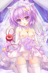 Rule 34 | 1girl, :o, animal ears, bare shoulders, blush, bouquet, bow, bow panties, breasts, bridal veil, cedama, collarbone, detached collar, dog ears, dog tail, elbow gloves, eyebrows, fang, flower, gloves, gluteal fold, hair between eyes, head tilt, heart, highres, kemonomimi mode, kinokomushi, kneeling, komeiji satori, looking at viewer, md5 mismatch, nipples, panties, pink panties, pink thighhighs, purple eyes, purple hair, resolution mismatch, rose, small breasts, solo, source smaller, tail, thighhighs, third eye, tiara, touhou, underwear, veil, white gloves
