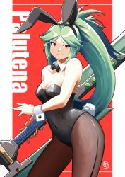 Rule 34 | 1girl, animal ears, automatic giraffe, bare shoulders, black leotard, breasts, rabbit ears, rabbit tail, detached collar, dress, fake animal ears, fishnets, green eyes, green hair, jewelry, kid icarus, large breasts, legs, leotard, long hair, long legs, looking at viewer, monster hunter (series), monster hunter rise, nintendo, palutena, pantyhose, pit (kid icarus), playboy bunny, rabbit girl, smile, solo, strapless, strapless dress, strapless leotard, sword, tail, thighs, very long hair, weapon, wrist cuffs