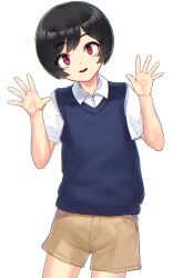 Rule 34 | 1girl, black hair, blue sweater vest, bob cut, borrowed character, brown shorts, commentary, cowboy shot, dress shirt, hands up, head tilt, highres, looking at viewer, original, parted lips, red eyes, ryou@ryou, sawada kanako, shirt, short hair, short sleeves, shorts, simple background, smile, solo, spread fingers, standing, sweater vest, tomboy, white background, white shirt