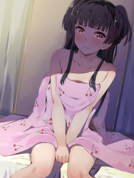 Rule 34 | 1girl, bare arms, bare shoulders, black hair, blush, brown eyes, closed mouth, collarbone, commentary request, feet out of frame, highres, idolmaster, idolmaster shiny colors, long hair, looking at viewer, mayuzumi fuyuko, seneto, sitting, solo, two side up, v-shaped eyebrows, very long hair