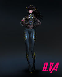Rule 34 | 1girl, absurdres, alternate color, animal print, black hair, bodysuit, breasts, brown eyes, character name, d.va (overwatch), emblem, facepaint, facial mark, full body, gradient background, grey background, hands in pocket, headphones, high collar, highres, jacket, kyung han kim, leather, leather jacket, lips, long hair, looking at viewer, medium breasts, nose, overwatch, overwatch 1, patch, pilot suit, rabbit print, shiny clothes, skin tight, solo, south korean flag, swept bangs, whisker markings