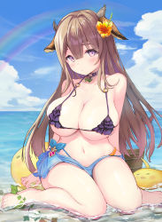 Rule 34 | 1girl, :o, animal ears, arms behind back, azur lane, bare shoulders, beach, bikini, bikini skirt, blue sky, breast press, breasts, brown hair, bucket, choker, cleavage, closed mouth, cloud, collar, collarbone, commentary request, cow ears, cow girl, cow horns, day, feet, flower, frilled bikini, frills, hair flower, hair ornament, highres, horns, in water, kashino (azur lane), kneeling, large breasts, legs together, long hair, looking at viewer, metsu end, navel, outdoors, purple eyes, revision, sitting, skindentation, skirt, sky, solo, swimsuit, wardrobe error, water, wet