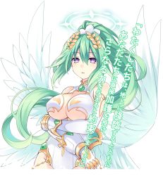 Rule 34 | 10s, 1girl, angel wings, breasts, cleavage, crossed arms, elbow gloves, female focus, four goddesses online: cyber dimension neptune, gloves, green hair, green heart (neptunia), hair ornament, halo, large breasts, leotard, long hair, looking at viewer, neptune (series), ponytail, power symbol, power symbol-shaped pupils, purple eyes, solo, symbol-shaped pupils, translation request, transparent background, tsunako, underboob, vert (neptunia), very long hair, wings