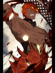 Rule 34 | 1boy, abs, armlet, armor, ashwatthama (fate), commentary request, dark-skinned male, dark skin, fate/grand order, fate (series), highres, holding, holding weapon, looking at viewer, male focus, muscular, muscular male, nipples, red hair, semi (p-poco), short hair, solo, teeth, topless male, twitter username, upper body, weapon, yellow eyes