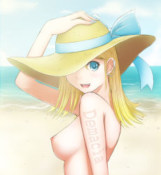 Rule 34 | 1girl, beach, blonde hair, blue eyes, breasts, hat, league of legends, looking at viewer, lux (league of legends), nipples, solo, tattoo, topless, water