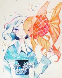 Rule 34 | 1girl, animal, collared shirt, expressionless, fins, fish, goldfish, highres, limited palette, long sleeves, looking to the side, maruti bitamin, medium hair, one eye covered, original, oversized animal, painting (medium), print shirt, shirt, solo, traditional media, upper body, watercolor (medium), waves, white background, white hair