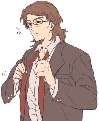 Rule 34 | 1boy, ?, alternate costume, bespectacled, brown eyes, brown hair, cheekbones, dressing, fate/stay night, fate/tiger colosseum, fate (series), flat color, formal, glasses, kotomine kirei, male focus, necktie, solo, suit, swept bangs
