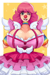 Rule 34 | 1girl, absurdres, ace attorney, black eyes, border, breasts, choker, cleavage, clown, clown nose, collarbone, cowboy shot, dress, frilled dress, frills, geiru toneido, gloves, heart, heart-shaped pupils, highres, huge breasts, long hair, looking at viewer, one eye closed, open mouth, pink dress, pink gloves, pink hair, shoulder pads, simple background, smile, solo, sonson-sensei, standing, star (symbol), star print, suspenders, symbol-shaped pupils, teeth, white border, wink, yellow background