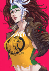 Rule 34 | 1girl, animification, dyed bangs, earrings, green eyes, green headband, headband, highres, jacket, jewelry, jhony caballero, lipstick, looking at viewer, makeup, marvel, multicolored clothes, multicolored hair, navel, rogue (x-men), scar, two-tone hair, x-men