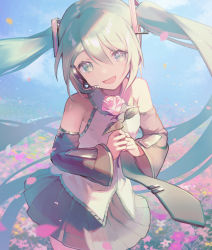 Rule 34 | 1girl, aqua eyes, aqua hair, aqua necktie, bare shoulders, black skirt, black sleeves, commentary, cowboy shot, day, detached sleeves, field, floating hair, flower, flower field, hair ornament, hatsune miku, headphones, headset, highres, holding, holding flower, ito taera, leaning forward, long hair, looking at viewer, miniskirt, necktie, open mouth, outdoors, own hands together, pink flower, pink rose, pleated skirt, purple flower, rose, shirt, sidelighting, skirt, sleeveless, sleeveless shirt, smile, solo, twintails, very long hair, vocaloid, white flower, white shirt