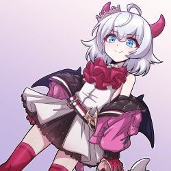 Rule 34 | &gt;:), 1girl, ahoge, ascot, bat wings, bd mmst, belt, black skirt, blue eyes, commentary, counter:side, crown, demon girl, demon horns, dutch angle, gloves, gradient background, hair between eyes, highres, holding, holding stuffed toy, horns, jacket, light blush, long sleeves, looking at viewer, looking down, low wings, medium hair, mini crown, momo (counter:side), off shoulder, open clothes, open jacket, pink jacket, pouch, red ascot, red gloves, red horns, red thighhighs, shirt, skirt, sleeveless, sleeveless shirt, smug, solo, stuffed toy, tail, thighhighs, tilted headwear, two-tone gloves, v-shaped eyebrows, white gloves, white hair, white shirt, wings, zettai ryouiki