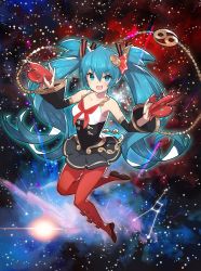 Rule 34 | 1girl, aqua eyes, aqua hair, cancer (constellation), cancer (symbol), cancer (zodiac), commentary request, detached sleeves, full body, hair between eyes, hatsune miku, long hair, looking at viewer, necktie, open mouth, saitou naoki, solo, thighhighs, twintails, very long hair, vocaloid, zodiac