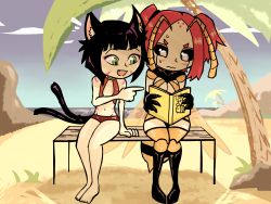 Rule 34 | 2girls, animal ears, antennae, ara (monster girl island), arthropod girl, barefoot, beach, bench, black hair, black sclera, blush, body markings, book, carapace, cat ears, cat tail, cloud, colored sclera, day, embarrassed, facial mark, fang, focused, green eyes, highres, holding, holding book, hornet girl, knees together feet apart, landscape, looking down, monster girl, monster girl island, multiple girls, multiple tails, navel, nekomata, ocean, on bench, palm tree, pointing, reading, red hair, sand, setz, short hair, sitting, sky, smile, stinger, suzu (monster girl island), sweat, swimsuit, tail, tree, twintails, two tails, wasp girl, wavy mouth, wings