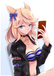 Rule 34 | 1girl, animal ears, bandeau, black choker, black jacket, blonde hair, blue bow, blue eyes, bow, breasts, choker, cleavage, commentary request, gold city (umamusume), hair bow, hand up, holding, horse ears, jacket, large breasts, long hair, long sleeves, looking at viewer, midriff, nagato tamakichi, nail polish, navel, open clothes, open jacket, revision, sitting, solo, stomach, strapless, striped bandeau, tube top, umamusume, upper body