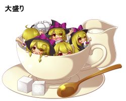 Rule 34 | 1girl, :o, ahoge, blonde hair, bloomers, braid, clone, cream, cup, facing away, hat, hat ribbon, highres, in container, in cup, kakiikada, kirisame marisa, long hair, looking at viewer, mini person, minigirl, no headwear, one eye closed, red eyes, ribbon, saucer, short sleeves, simple background, single braid, spoon, sugar cube, teacup, touhou, underwear, white background, wink, witch hat, yellow eyes