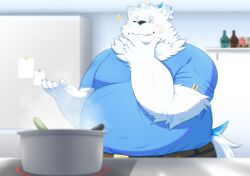 Rule 34 | 1boy, animal ears, bara, belly, big belly, blue fur, cooking, cowboy shot, dog boy, dog ears, fat, fat man, furry, furry male, hand on own chin, highres, kitchen, large pectorals, live a hero, looking at viewer, male focus, multicolored hair, pectorals, solo, sparkle, standing, streaked hair, stroking own chin, tai tanuki, tasting, thick eyebrows, white fur, yohack