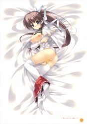 Rule 34 | 1girl, absurdres, ass, bed sheet, blue eyes, blush, breasts, brown hair, clothes pull, covering privates, covering crotch, cross, dakimakura (medium), from above, full-face blush, full body, highres, kiss to lord to darjeeling, legs, looking at viewer, lying, medium breasts, mikeou, nipples, no bra, no panties, on side, open clothes, open shirt, ponytail, school uniform, shirt, skirt, skirt pull, solo, thighhighs, white thighhighs, yashiro tsubasa