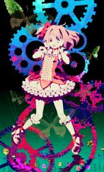 Rule 34 | 10s, 1girl, 8055, bubble skirt, bug, butterfly, crazy eyes, flower, gears, hair over one eye, highres, insect, kaname madoka, magical girl, mahou shoujo madoka magica, mahou shoujo madoka magica (anime), pink eyes, pink hair, shoes, short hair, side ponytail, skirt, solo, tears, twintails