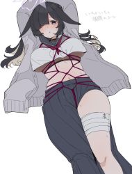 Rule 34 | 1girl, bandaged leg, bandages, black hair, black skirt, blue archive, blush, breasts, colored inner hair, fishnet top, fishnets, grey jacket, grey sailor collar, hair flaps, hands up, highres, jacket, large breasts, legs together, long skirt, long sleeves, looking at viewer, lop rabbit ears, lying, multicolored hair, navel, nekoume, on back, parted lips, rabbit ears, rope, sailor collar, shibari, shibari over clothes, simple background, skirt, solo, tsukuyo (blue archive), white background