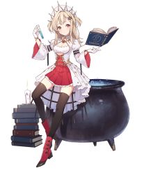 Rule 34 | 1girl, ark order, belt, beret, black belt, black thighhighs, blonde hair, book, book stack, boots, candle, cauldron, coat, crown, floating, floating book, floating object, frilled skirt, frills, full body, gloves, hair ornament, hat, hexagram, high-waist skirt, holding, juliet sleeves, kamon (shinshin), long sleeves, looking at viewer, medium hair, official art, pink eyes, pleated skirt, puffy sleeves, red footwear, red skirt, salamander (ark order), skirt, solo, star (symbol), star hair ornament, star of david, strapless, tachi-e, thigh strap, thighhighs, transparent background, tube top, two side up, vial, white coat, white gloves, white hat, white tube top