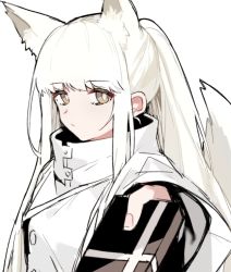 Rule 34 | 1girl, animal ear fluff, animal ears, aogisa, arknights, coat, extra ears, gift, highres, holding, holding gift, horse ears, horse girl, horse tail, incoming gift, long hair, looking at viewer, platinum (arknights), ponytail, simple background, solo, tail, upper body, white background, white coat, white hair, yellow eyes