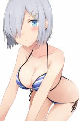 Rule 34 | 10s, 1girl, all fours, alternate costume, bare shoulders, bikini, blue eyes, blush, breasts, cleavage, closed mouth, cole (coleltu), commentary request, hair ornament, hair over one eye, hairclip, hamakaze (kancolle), kantai collection, large breasts, leaning forward, looking at viewer, simple background, solo, striped bikini, striped clothes, swimsuit, white background, white hair
