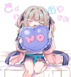 Rule 34 | 1girl, belt, blue belt, blue bow, blue nails, blue skirt, bow, closed eyes, facing viewer, fingernails, grey hair, hair bow, highres, holding, holding pillow, jacket, makaino ririmu, makaino ririmu (4th costume), miniskirt, multicolored hair, nail polish, nijisanji, open clothes, open jacket, pillow, pink jacket, pointy ears, sitting, skirt, solo, streaked hair, twintails, utsusumi kio, virtual youtuber, yes-no pillow