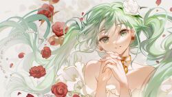 Rule 34 | 1girl, collar, earrings, flower, green eyes, green hair, hatsune miku, highres, jewelry, own hands clasped, rose, rumoon, solo, vocaloid