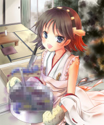 Rule 34 | 10s, 1girl, ahoge, apron, bad food, bare shoulders, blue eyes, brown hair, censored, censored food, chize, cushion, detached sleeves, flipped hair, gloves, hair ornament, hairband, headgear, hiei (kancolle), holding, indoors, japanese clothes, kantai collection, looking at viewer, mosaic censoring, nontraditional miko, oven mitts, short hair, smoke, solo, tatami
