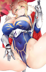Rule 34 | 1girl, ahoge, artoria pendragon (fate), artoria pendragon (lancer) (fate), ass, blue gloves, blue legwear, blue leotard, blush, braid, breasts, cape, cleavage, covered navel, crown, elbow gloves, fate/grand order, fate (series), french braid, fur trim, gauntlets, gloves, green eyes, hair between eyes, heart, heart-shaped pupils, heattech leotard, highleg, highleg leotard, highres, lance, large breasts, leotard, long hair, looking at viewer, marushin (denwa0214), open mouth, polearm, red cape, rhongomyniad (fate), sidelocks, simple background, solo, spread legs, swept bangs, symbol-shaped pupils, thighs, turtleneck, underbust, weapon, white background
