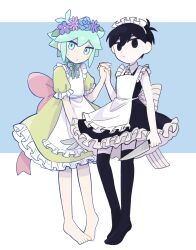 Rule 34 | 2boys, alternate costume, barefoot, basil (headspace) (omori), basil (omori), black eyes, black hair, black thighhighs, blush, closed mouth, colored skin, enmaided, expressionless, flower, green eyes, green hair, head wreath, highres, holding, holding knife, holding polearm, holding weapon, knife, maid, multiple boys, omori, omori (omori), parted lips, polearm, short hair, sr ld fr, thighhighs, weapon, white skin