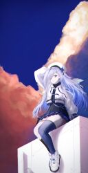 Rule 34 | 1girl, absurdres, amane kanata, amane kanata (work), angel wings, arm behind head, arm support, asymmetrical legwear, beret, black bow, black dress, black socks, blue eyes, blue hair, blue sky, blue thighhighs, bow, cloud, cloudy sky, commentary request, cropped hoodie, drawstring, dress, dusk, floating hair, frilled shirt collar, frills, frown, gold necklace, hair bow, hair over one eye, hat, highres, hololive, hood, hood down, hoodie, jdnyang, jewelry, kneehighs, light blue hair, long hair, long sleeves, looking at viewer, mini wings, mismatched legwear, necklace, official alternate costume, one side up, open clothes, open hoodie, pale skin, pleated dress, puffy long sleeves, puffy sleeves, shoes, short dress, single hair intake, single sock, single thighhigh, sitting, sky, sneakers, socks, solo, sparkle hair ornament, thick thighs, thighhighs, thighs, uneven legwear, very long hair, virtual youtuber, white footwear, white hat, white hoodie, white wings, wide shot, wings