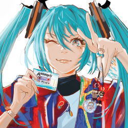 Rule 34 | 1girl, bahi jd, blue eyes, blue hair, cable tie, closed mouth, hatsune miku, hatsune miku (append), highres, holding, jewelry, looking at viewer, nail, one eye closed, ring, smile, solo, vocaloid, vocaloid append, watch