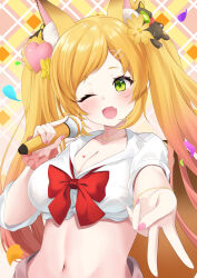 Rule 34 | 1girl, absurdres, animal ear fluff, animal ears, blonde hair, blush, bow, breasts, cleavage, crop top, elegant (sumisumi4268), fang, flower, green eyes, hair bow, hair flower, hair ornament, hairclip, heart, heart hair ornament, highres, holding, holding microphone, indie virtual youtuber, kiwi hair ornament, kuon natsume, large breasts, long hair, medium breasts, microphone, midriff, navel, one eye closed, pink nails, pink scrunchie, red bow, scrunchie, shirt, skin fang, solo, swept bangs, twintails, upper body, virtual youtuber, white shirt, wolf ears, wolf girl, wrist scrunchie, yellow bow