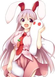 Rule 34 | 1girl, :d, animal ears, breasts, carrot, cowboy shot, happy, hisae (hisae collect), kune-kune, large breasts, long hair, necktie, open mouth, pink shirt, pink skirt, puffy short sleeves, puffy sleeves, purple hair, rabbit ears, red eyes, red necktie, reisen udongein inaba, shirt, short sleeves, skirt, smile, touhou, urban legend in limbo, very long hair