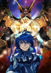 Rule 34 | 1boy, blue eyes, blue hair, chest cannon, cobray gordon, dis astranagant, evil smile, hungry clicker, male focus, mecha, open hand, robot, smile, solo, spacesuit, super robot, super robot wars, super robot wars alpha, the 3rd super robot wars alpha