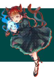 Rule 34 | 1girl, animal ears, black bow, black nails, blue fire, bow, braid, cat ears, chromatic aberration, dress, extra ears, fang, fingernails, fire, ghost, green background, green dress, highres, hitodama, holding, holding skull, kaenbyou rin, leg ribbon, long fingernails, nail polish, one-hour drawing challenge, open mouth, red eyes, red hair, ribbon, simple background, skull, slit pupils, smile, solo, takahashi kouta, touhou, twin braids
