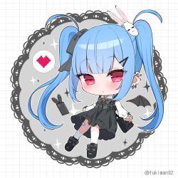 Rule 34 | 1girl, :o, absurdres, bag, bandaid, bandaid on knee, bandaid on leg, black bow, black dress, black footwear, black wings, blue hair, blunt bangs, bow, cellphone, chibi, commentary, demon wings, detached wings, doily, dress, full body, grey background, hair bow, hair ornament, hairclip, heart, highres, kneehighs, long hair, long sleeves, original, parted lips, phone, phone with ears, pixelated, puffy long sleeves, puffy sleeves, rabbit hair ornament, red eyes, shirt, shoes, shoulder bag, sleeves past wrists, socks, solo, spoken heart, tsukiman, twintails, twitter username, very long hair, white background, white shirt, white socks, wings