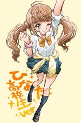 Rule 34 | 1girl, bow, brown eyes, brown hair, eyelashes, happy, healin&#039; good precure, highres, hiramitsu hinata, long hair, looking at viewer, one eye closed, pre221b, precure, ribbon, shirt, shoes, simple background, sketch, skirt, smile, socks, solo, translation request, twintails, white shirt, yellow background