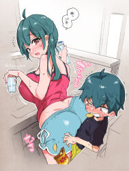 Rule 34 | 1boy, 1girl, age difference, ahoge, ass, black shirt, blue shorts, blush, breasts, camisole, chips (food), cup, dropping, food, food in mouth, full-face blush, glass, green hair, green shorts, holding, holding cup, kitchen, large breasts, long hair, morishima kon, motion lines, onee-shota, open mouth, original, pink camisole, red eyes, shirt, short hair, shorts, side ponytail, speech bubble, sweat, translation request, twitter username