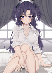 Rule 34 | 1girl, absurdres, ass, black panties, blue archive, blush, breasts, cleavage, closed mouth, collared shirt, curtains, feet out of frame, halo, highres, indoors, large breasts, long hair, looking at viewer, mechanical halo, moriyama a, panties, purple eyes, purple hair, shirt, sleeves past elbows, solo, two side up, underwear, white shirt, window, yuuka (blue archive)