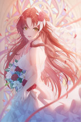Rule 34 | absurdres, blurry, blurry background, blurry foreground, blush, bouquet, breasts, bridal veil, bride, brown eyes, church, commentary, dress, elbow gloves, floating hair, floral print, flower, from side, gloves, hair flower, hair ornament, hair ribbon, highres, holding, holding bouquet, honkai (series), honkai impact 3rd, indoors, large breasts, long hair, murata himeko, murata himeko (blood rose), nalukikiki, open mouth, red flower, red hair, red rose, ribbon, rose, stained glass, strapless, strapless dress, veil, wedding, wedding dress, white dress, white gloves