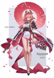 Rule 34 | 1girl, absurdres, armor, bare legs, bilibili xiaolu, black hair, blush, breasts, character name, closed mouth, dress, full body, genshin impact, hair between eyes, hair ornament, highres, holding, holding umbrella, holding weapon, large breasts, long hair, long sleeves, looking at viewer, oil-paper umbrella, pink hair, purple eyes, sandals, sideboob, solo, thigh gap, thighs, umbrella, very long hair, weapon, white dress, yae miko